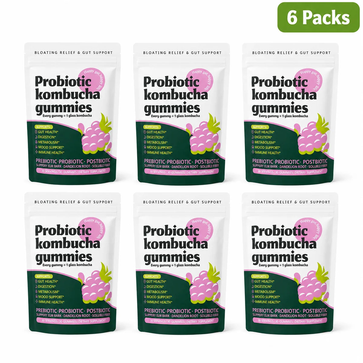 Probiotic Kombucha Gummies Berry 30 Ct Prebiotic Postbiotic Gut Health Digestion Bloating Relief Immune Vegan Non-GMO Supplement