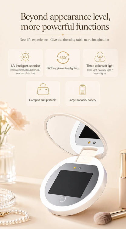 TJMIR UV Smart Sunscreen Mirror Portable LED Makeup Mirror with UV Detection & Sunscreen Testing
