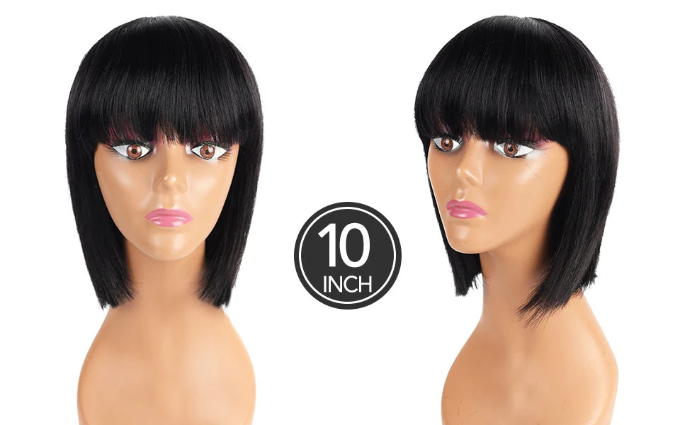 Human Hair Wigs with Bangs BOBO Wig Straight Short Bob Wig Human Hair Natural Color 14inch 150% Density Bob Wig