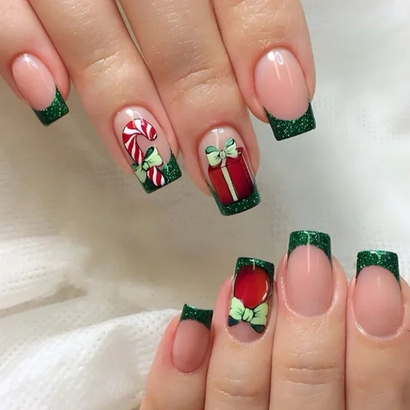 24Pcs Short Oval Press-On Nails - Cute Gingerbread & Candy Cane Christmas Designs, Perfect for Holiday Parties for Women&Girls