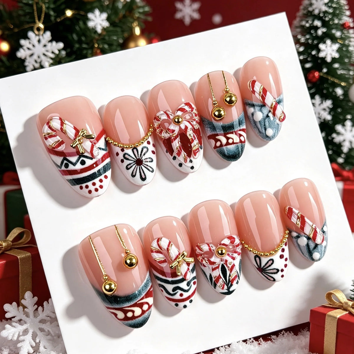 30pcs Christmas 3D Candy Cane Bow Press On Nails Bell Ornament Xmas Fake Nail Short Almond French False Nail for Women Holiday