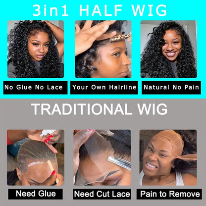250% Density Deep Curly Half Wigs Human Hair Water Wave Wig Upgrade 3 IN 1 Half Wig With Drawstring Seamless Clip Ins Flip Over