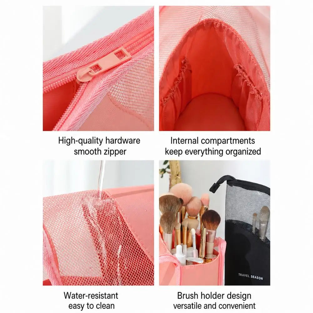 2 in 1 Standing Makeup Brush Bag Portable Travel Cosmetic Case Multi Slot Mesh Lipstick Eyebrow Pencil Holder Organizer Pouch