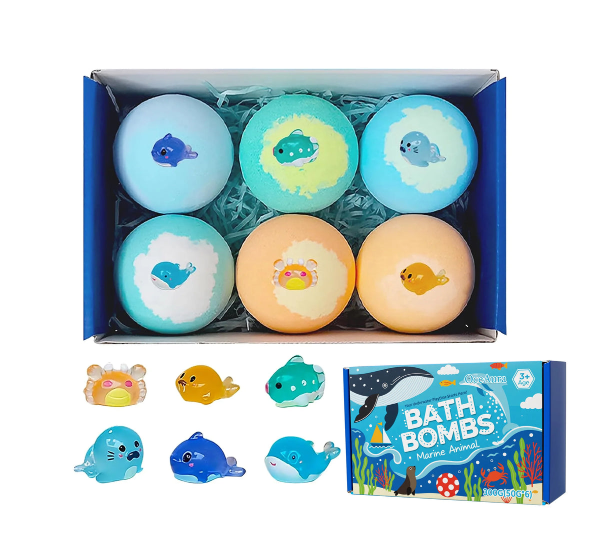 OceAura Bath Bombs with Toys Inside Fun Kids Bath Clean Skin Exfoliation Sea Salt Surprise Bath Bombs for Children Gift Set 300g