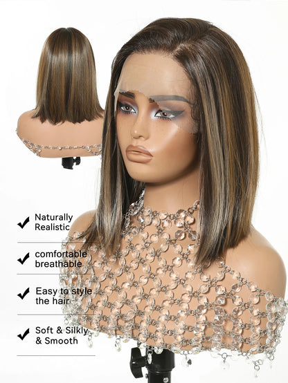 13x6 HD Transparent Lace Front Bob Wig 12" Short Straight Highlight Brown Blonde Synthetic Wigs for Women Glueless Pre Plucked