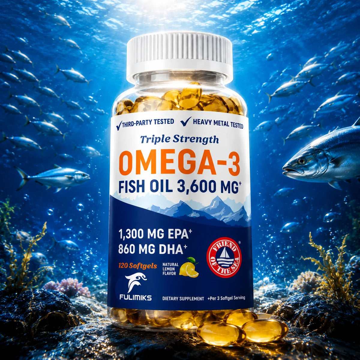 Triple Strength Omega 3 Fish Oil Supplement 3600 mg, EPA & DHA, Support Joint Bone, Skin, Brain & Heart Health, Energy, Immune