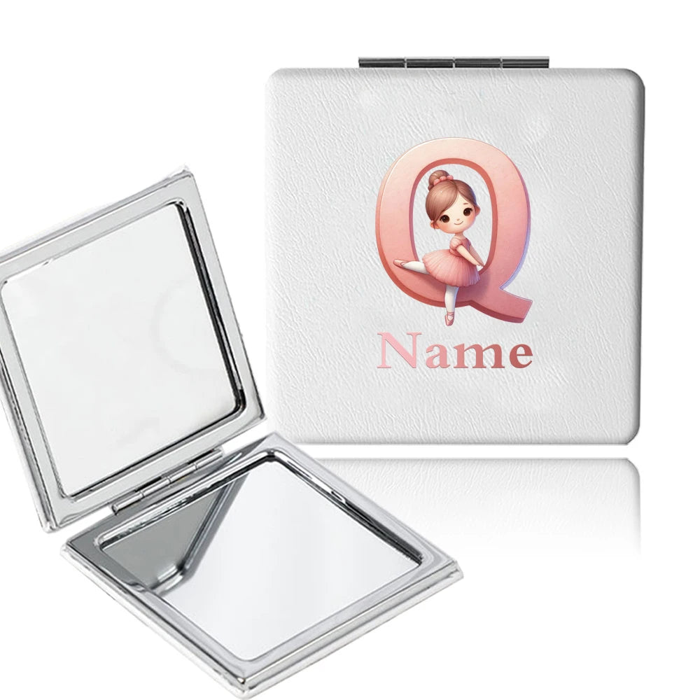 Customized Name PU Handheld Makeup Mirror Cover Dressing Double-Sided Portable Foldable Pocket Cosmetic Mirror