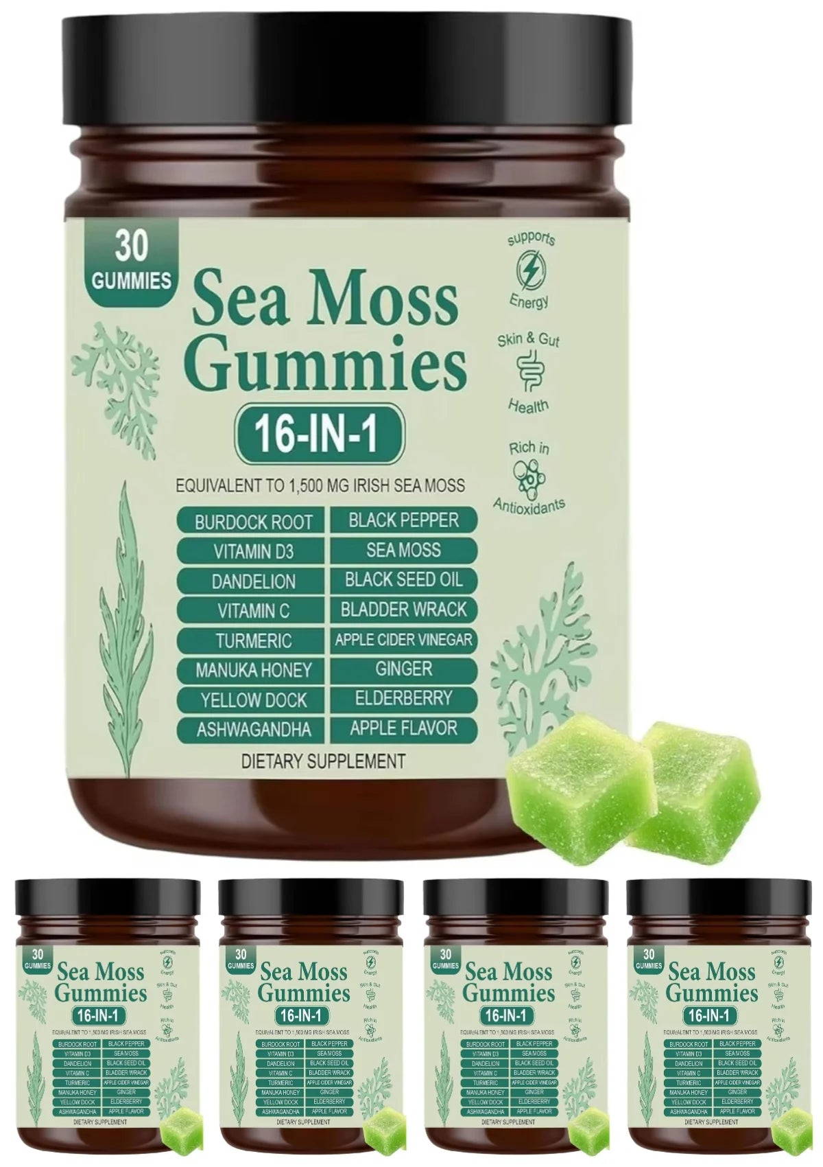 Irish Sea Moss Gummies 1500mg Equivalent 16 in 1 Botanical Blend,Support Digestion&Mood,Antioxidant Protection,Apple Flavor,30Ct