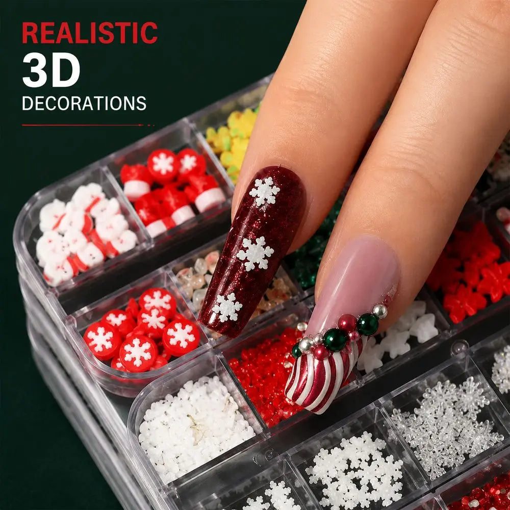 4Box/Set Christmas 3D Nail Charms Assorted Resin Figures Snowflake Bow Pearl Rhinestone Beads For Home Salon Holiday Art Making