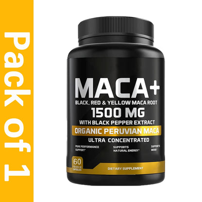 1500mg Organic Maca Root, Black, Red & Yellow - 60 Capsules - Black Maca Root Capsules for Men Supplement - Non-GMO, Gluten-Free