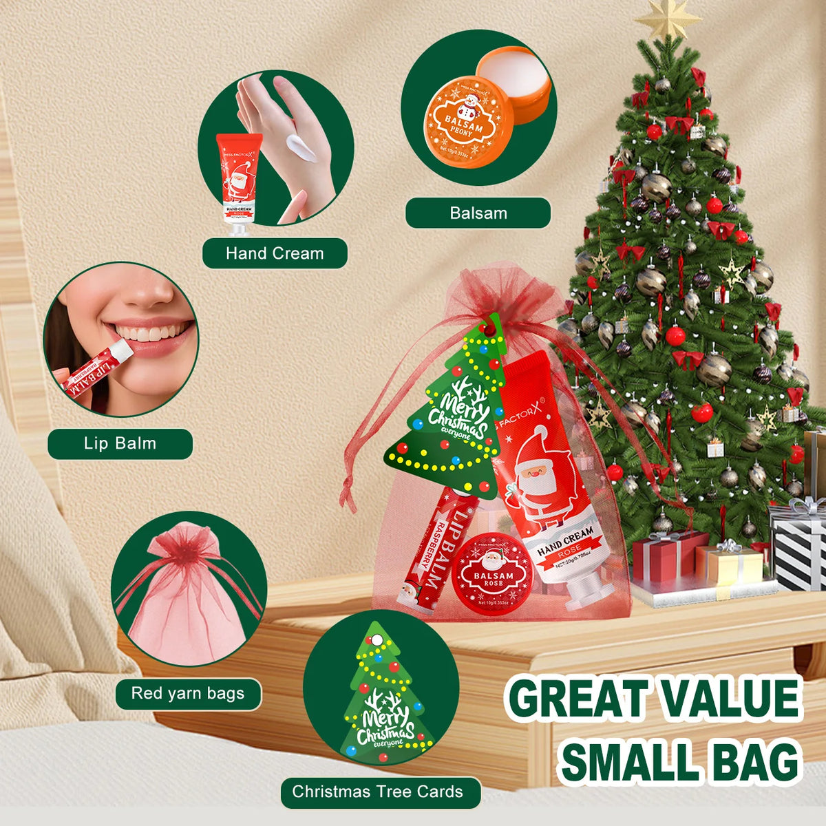 Christmas Assembly Gift Set - 20 Sets, Including Balm, Hand Cream, Lipstick, Red Gauze Bag, Christmas Tree Thank You Card