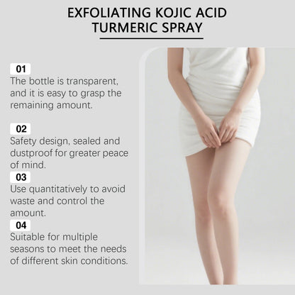 Natural Kojic Acid & Turmeric Exfoliating Spray - Gentle Deep Body Cleansing, Moisturizing and Skin-Softening Nourishing Mist