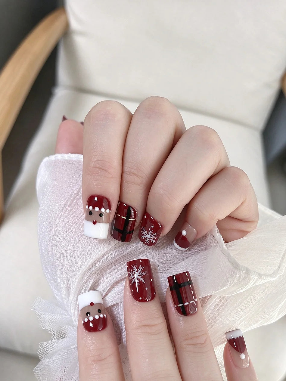 Handmade Short Square Press On Nails Christmas False Nails with Santa Claus Snowman Snowflake Design Reusable 10Pcs Xmas Party