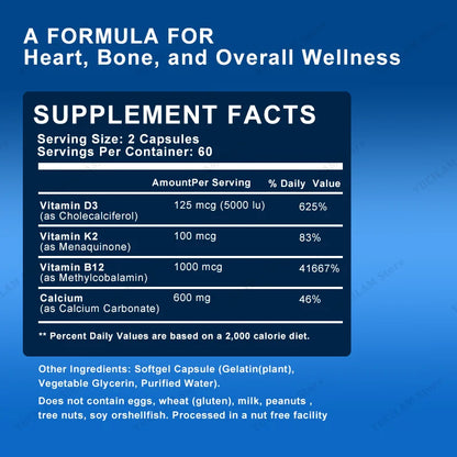 Calcium Vitamin D3 K2 B12 for Muscle, Nerve, Bone, Joint Mobility Health and Calcium Absorption
