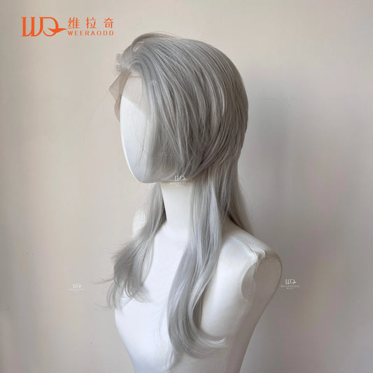 Sliver Gray 13x4 Synthetic Lace Front Wig for Women Cosplay Shoulder Length Mullet Synthetic Wigs Layers Ponytails Glueless Wigs