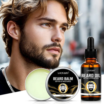 LOCKMIO Beard Growth Oil & Balm Whiskers Moisturizing and Nourishing Conditioner Moustache Styling Care Products & Brush for Men