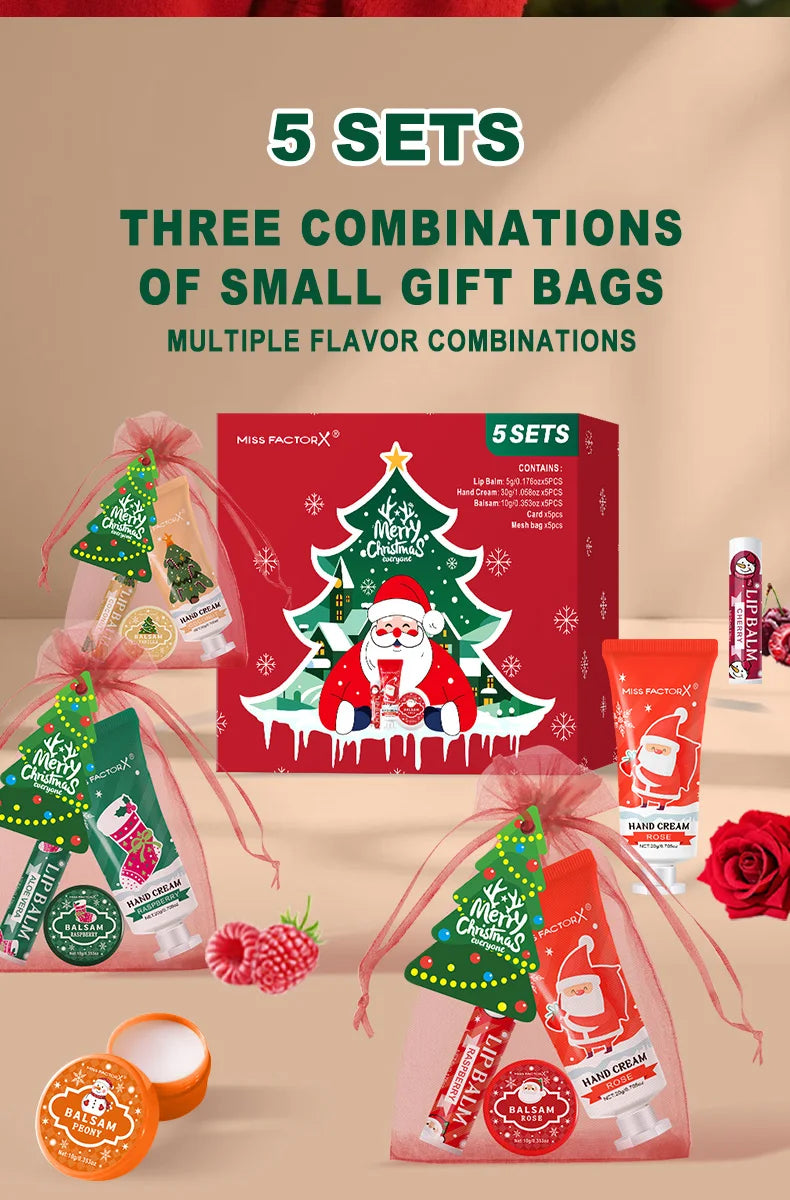 Christmas assembly gift set -5 sets, including balm, hand cream, lipstick, red gauze bag, Christmas tree thank you card