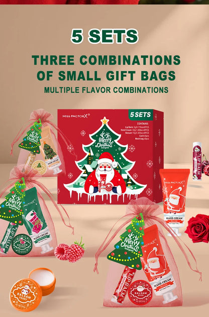 Christmas assembly gift set -5 sets, including balm, hand cream, lipstick, red gauze bag, Christmas tree thank you card