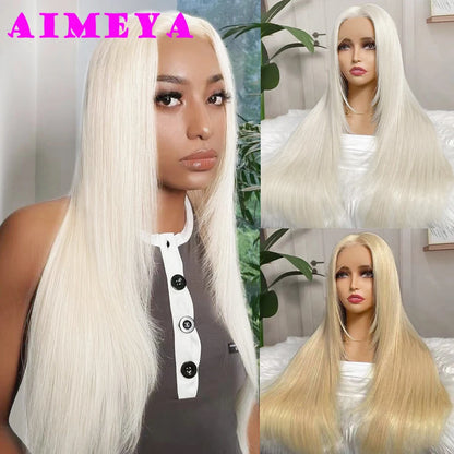 AIMEYA Layered Cut Wig Platinum Blonde Lace Front Wig Long Straight Synthetic Lace Wig Heat Resistant Blonde Wigs for Women