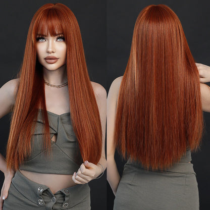 Long Straight Light Blonde Wig for Women Daily Party Highlight Brown Synthetic Layered Hair Wigs with Bangs Halloween Cosplay
