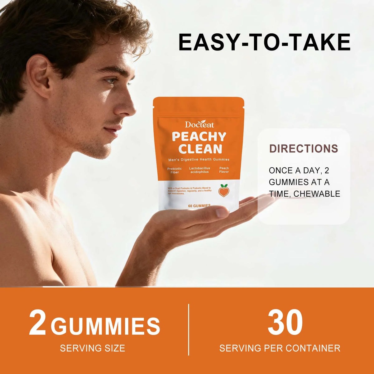 Docteat Peachy Clean Men's Digestive Health Gummies Prebiotic & Probiotic Blend Peach Flavor 60 Gummies Dietary Supplement