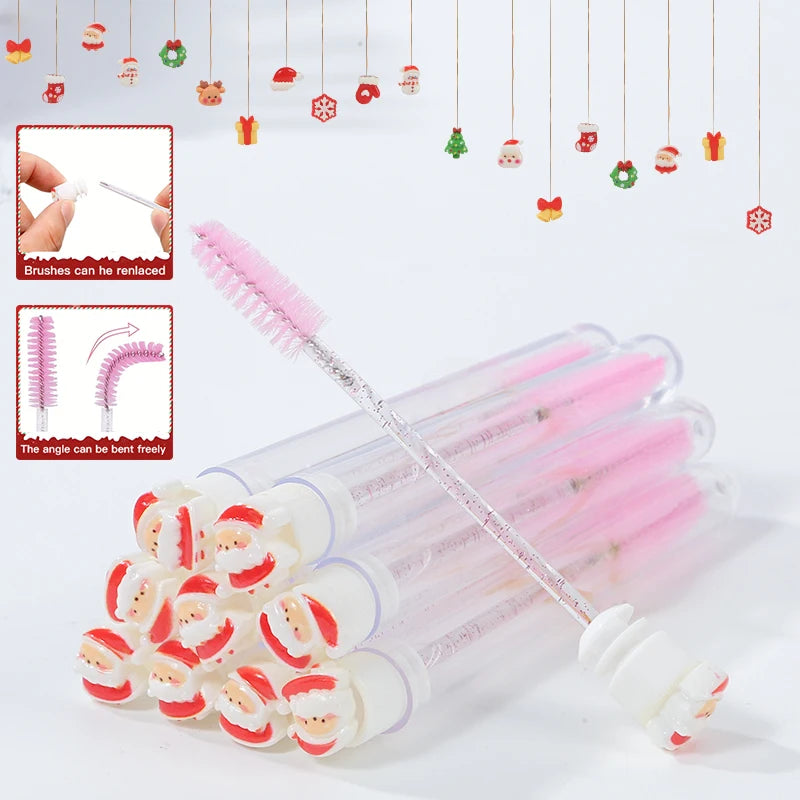 10Pcs Christmas Eyelash Brushes Set Santa Mascara Wand with Case Spoolie Eyebrow Comb Festive Makeup Tool Xmas Gift for Women