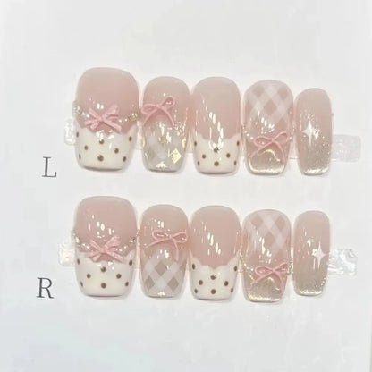 10Pcs Sweet Mid-length Ballet False Nails Art Fashion Pink Cat Eye Lovely Bow Wearable Finished Nails Set Summer Acrylic Nails