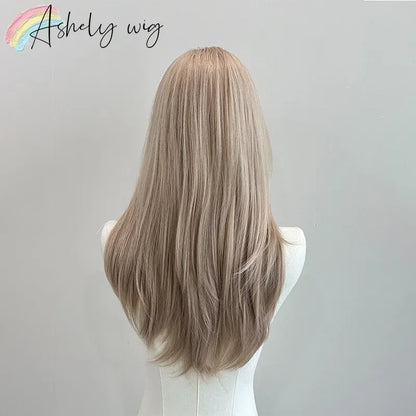 Blonde Wig with Bangs 22inch Medium Straight Hair Wig for Women Soft Natural Heat Resistant Fibers Synthetic Wigs 가발  Peluca