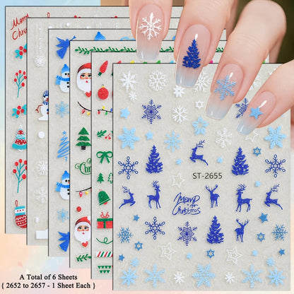3 to 12 Sheets 3D Christmas Santa Snowman Reindeer Tree Snowflake Lights Gnome Self-Adhesive Nail Art Stickers