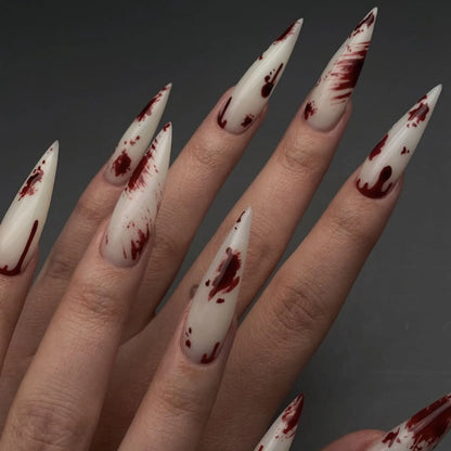 24pcs Blood Red Fake Nails Gradient Long Pointed False Nail Patch Full Cover Wearable Fake Nail Tips Halloween Manicure Sets