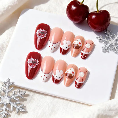 24Pcs Christmas Tree Pattern Pink Full Cover Fake Nails Artificial Almond Reindeer Gift Nail Set Press on Detachable False Nail