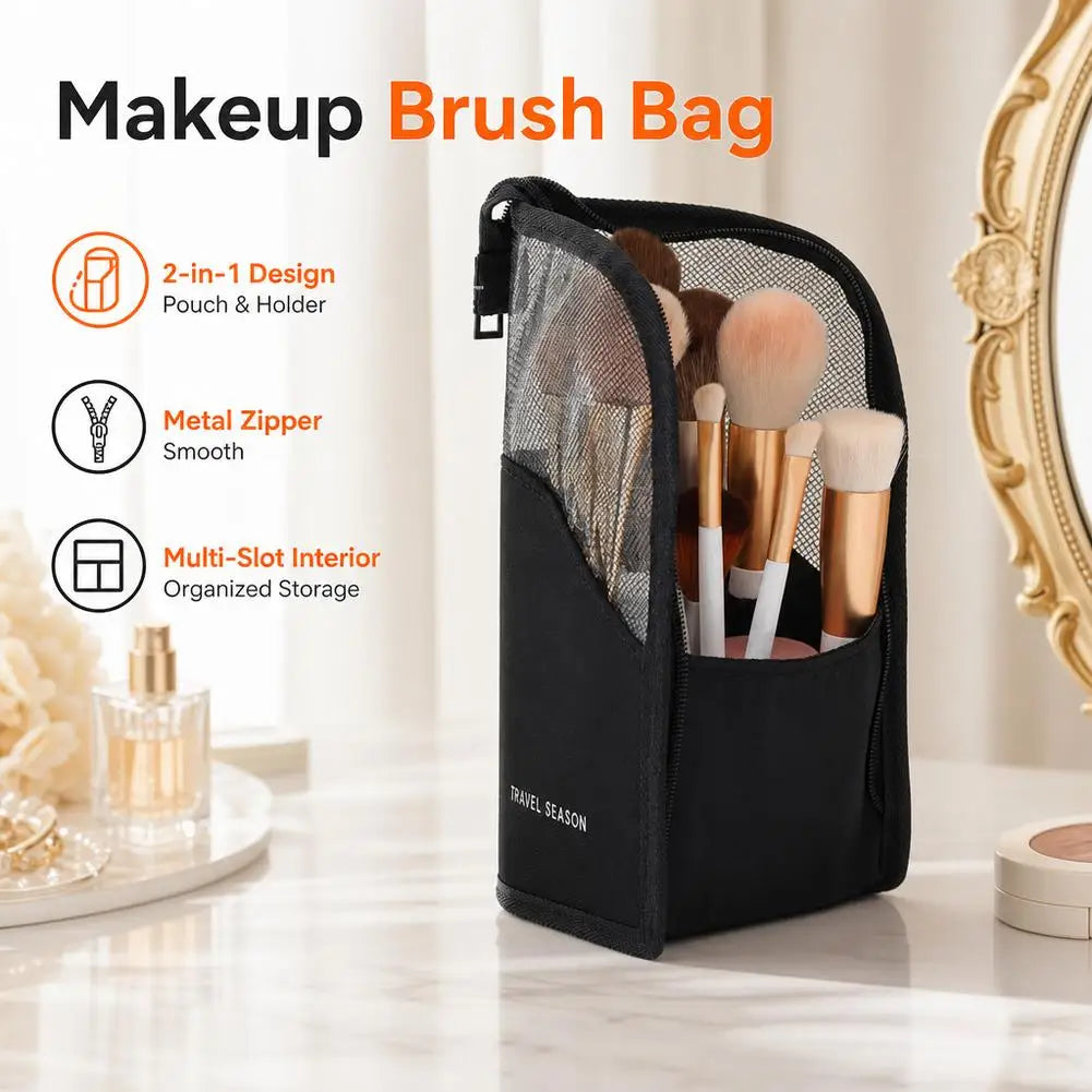 New Standing Makeup Brush Holder Bag 2 in 1 Travel Cosmetic Pouch Mesh Waterproof Portable Toiletry Storage Organizer