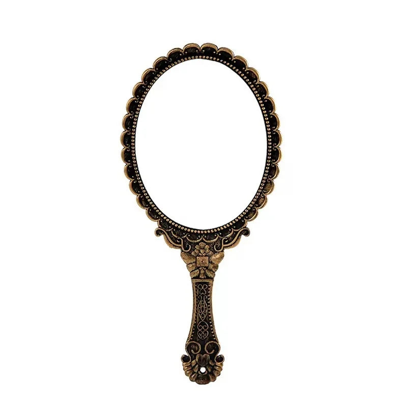 Creative Retro Makeup HD Mirror With Handle Women Bathroom Plastic Patterned Make Up Mirror Portable Handheld Antique Vanity