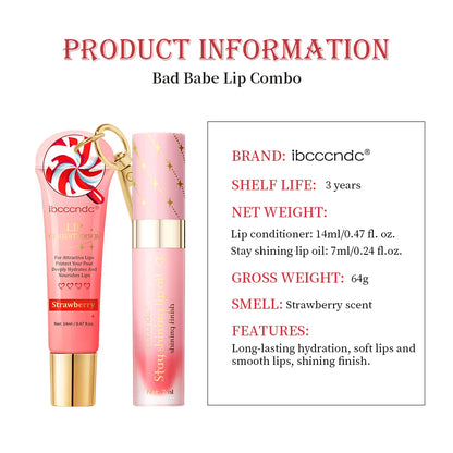 Christmas Gift 3Pcs Glossy Lip Gloss Set Strawberry Lip Balm And Lip Gloss Combo Long Lasting Hydrating Plump Lips
