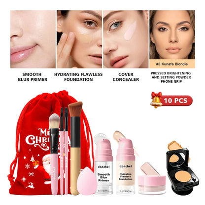 10Pcs Makeup Set Primer Foundation Concealer Setting Powder Makeup Brushes Beauty Sponge Full Face Cosmetic Kit Christmas Gift