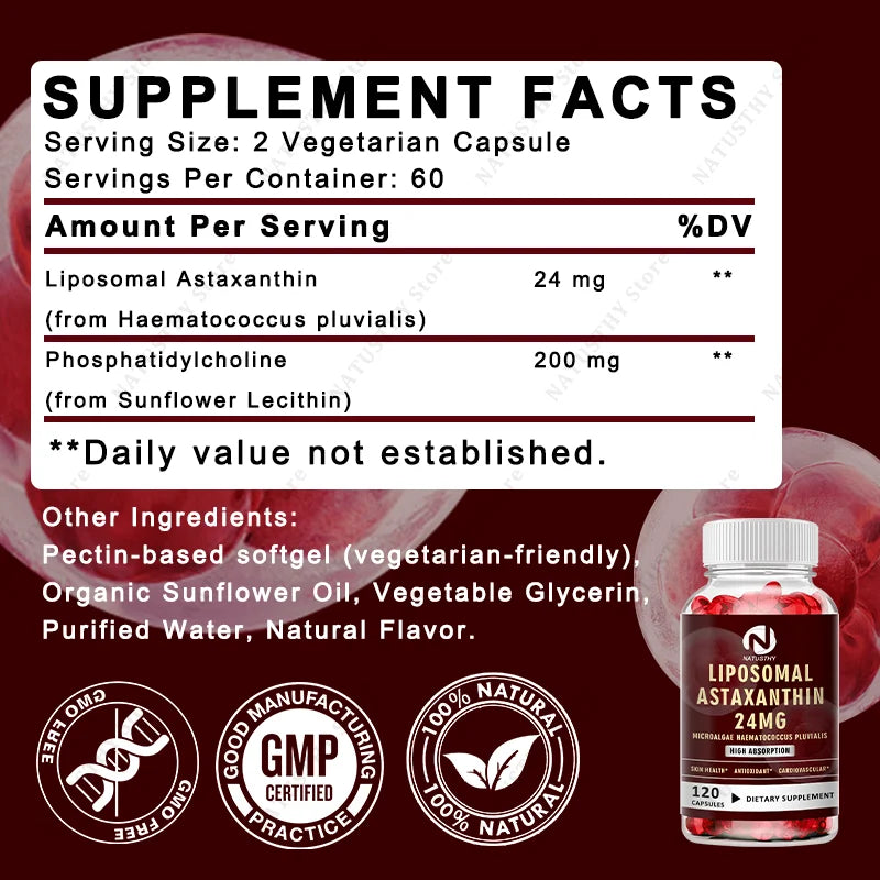 Liposomal Astaxanthin Capsules 24mg for Brain, Heart Vitality, Skin, Joint, Eye, Immune Health