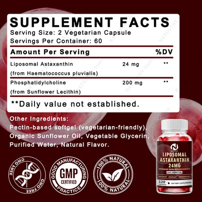 Liposomal Astaxanthin Capsules 24mg for Brain, Heart Vitality, Skin, Joint, Eye, Immune Health