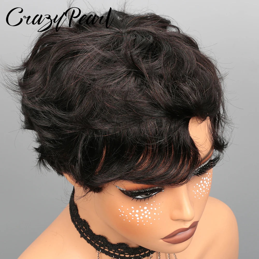 Short Pixie Cut Wig Black Human Hair Lace Front Wigs for Black Women Textured Layered Side Bang Natural Hairline Daily Work Styl
