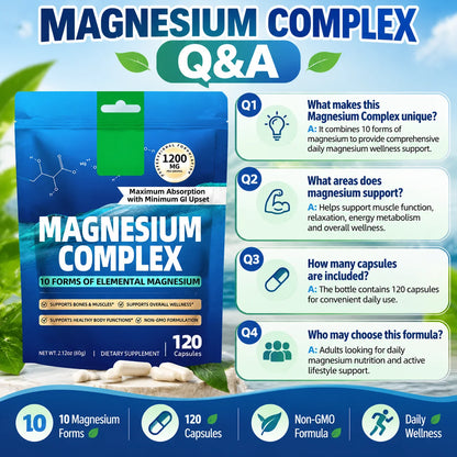 Magnesium Complex Capsules,Bone, Muscle, Heart Health,Restful Sleep,10 Forms of Elemental Magnesium for Absorption,120 Capsules