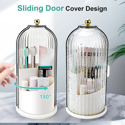 2pcs 360° Rotating Dustproof Makeup Brush Storage Box, Sliding Door Cosmetic Storage Rack + Dental Floss Storage Box