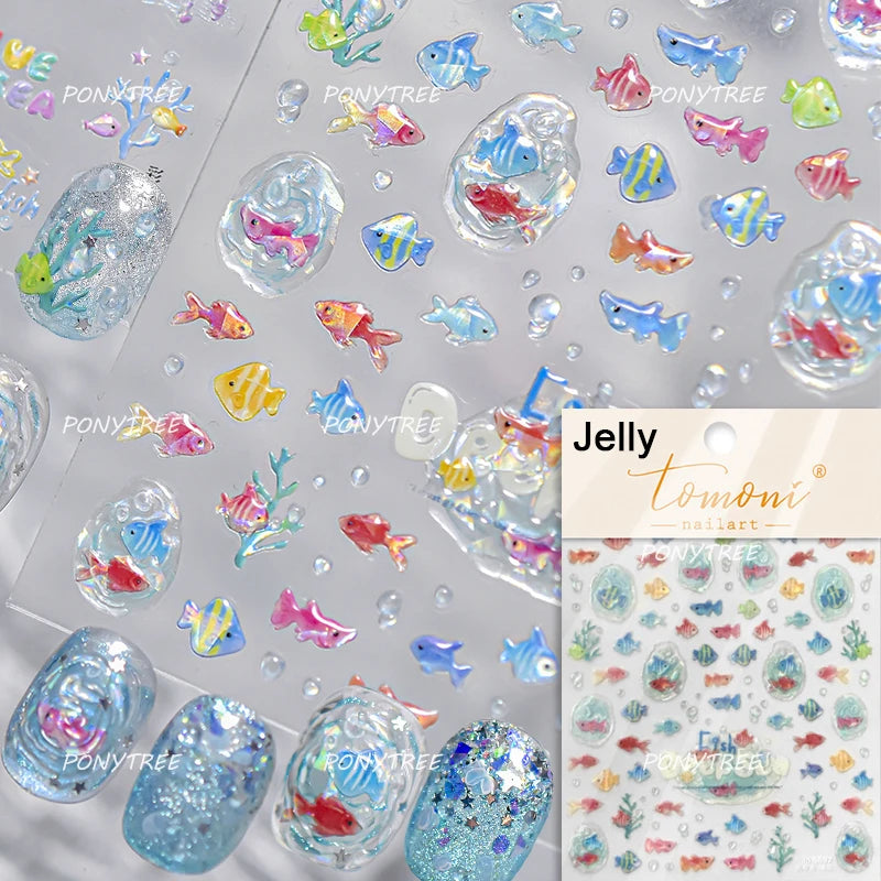 Gold Stamped Shell Conch Scallop Starfish Pearl 5D Embossed Self Adhesive Nail Art Stickers Delicate Ocean Style Manicure Decals