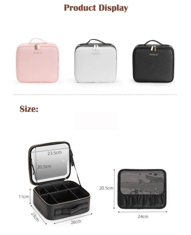 Cosmetic Portable Travel Storage Box With 2000mAh Led Rechargeable Vanity Bags Makeup Case With Led Light Mirror