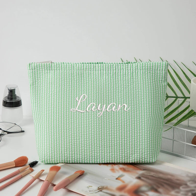Customised Embroidery/Standard Style 2 Options, Bubble Gauze Striped Makeup Bag, Storage Pouch, Back-to-School Season