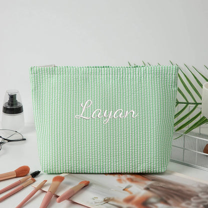 Customised Embroidery/Standard Style 2 Options, Bubble Gauze Striped Makeup Bag, Storage Pouch, Back-to-School Season