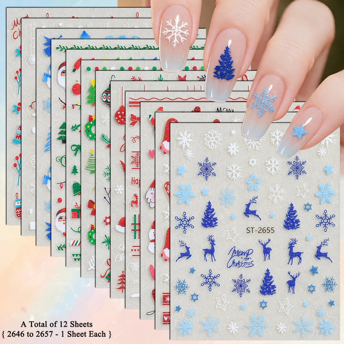 3 to 12 Sheets 3D Christmas Santa Snowman Reindeer Tree Snowflake Lights Gnome Self-Adhesive Nail Art Stickers