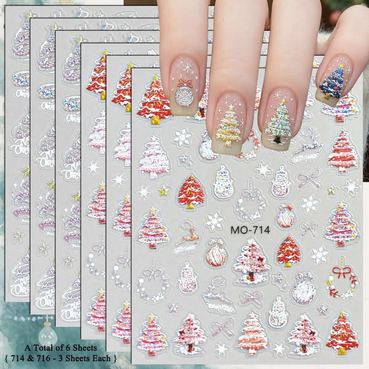 3 to 12 Sheets 5D Holographic Christmas Tree Snowflake Ornament Wreath Reindeer Glitter Self-Adhesive Nail Art Stickers