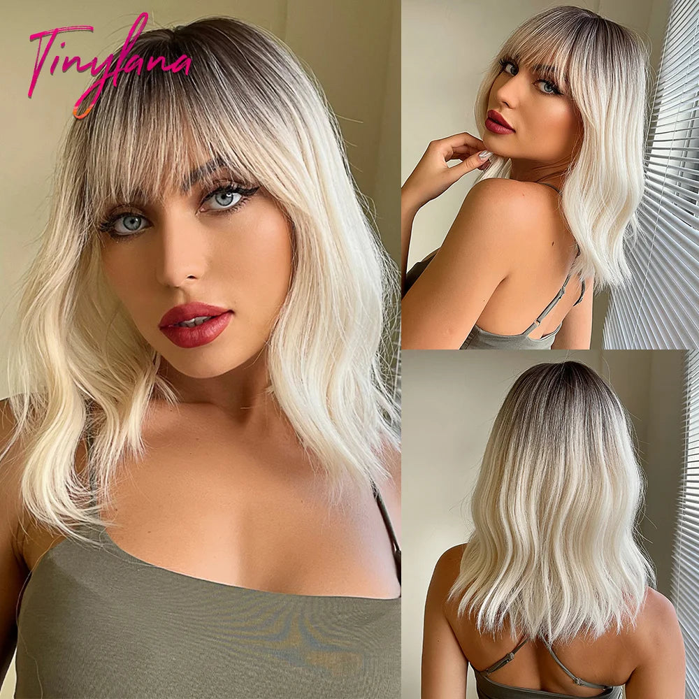 Curly Short Bob Brown Wavy Synthetic Wigs with Bangs Lolita Cosplay Brown Wig for Women Natural Daily Party Hair Heat Resistant