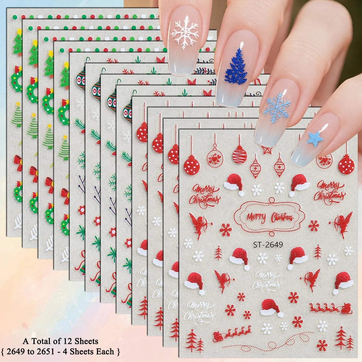 3 to 12 Sheets 3D Christmas Santa Snowman Reindeer Tree Snowflake Lights Gnome Self-Adhesive Nail Art Stickers