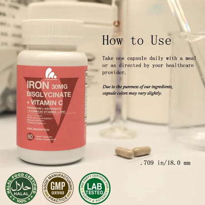 bisglycinate iron supplement -30mg containing vitamin C, B12, folic acid - high absorption, gluten free, non GMO -60 capsules