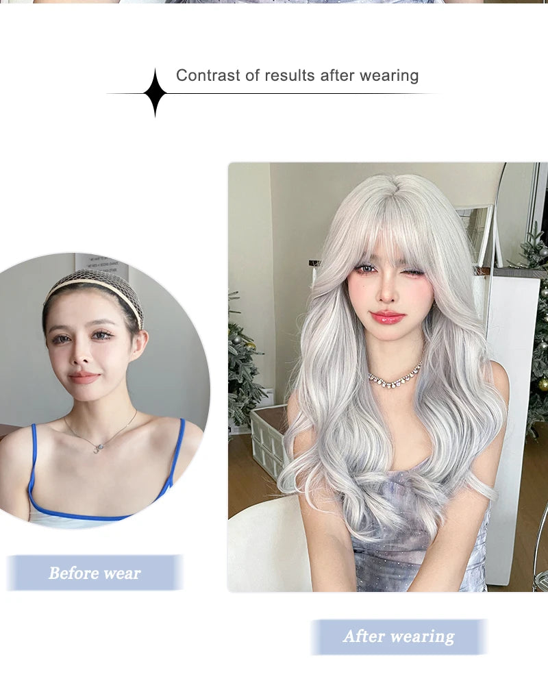 NAMM Costume Wig Synthetic Body Wavy Cool Silvery  Wig For Women Daily Use High Density Layered Hair Wigs With Fluffy Bangs